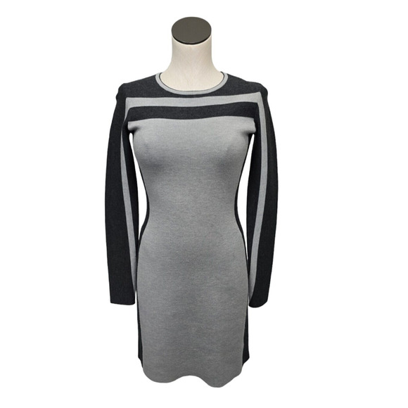 Athleta Black Gray Striped Wool Blend LS Knit Sweater Midi Dress Womens Size XS - Picture 2 of 12